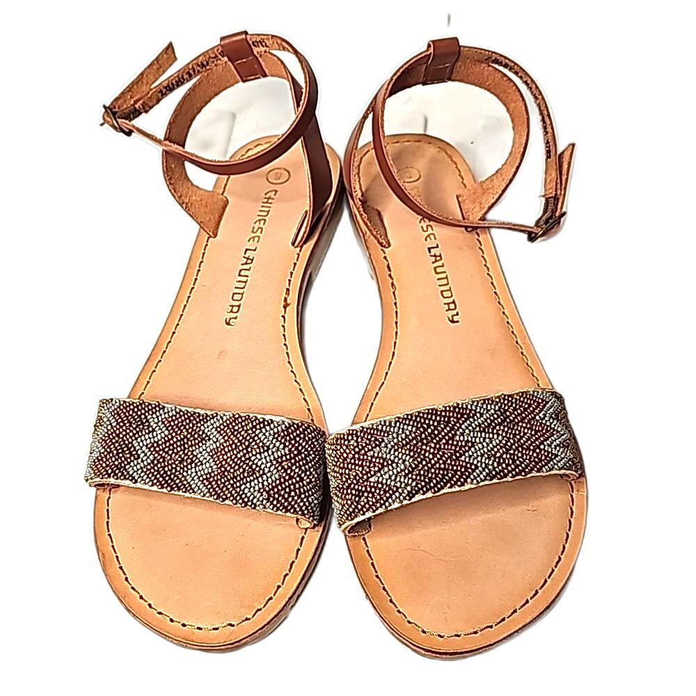 Sandals by Chinese Laundry Beaded Leather Tan Copper Gray Size 9